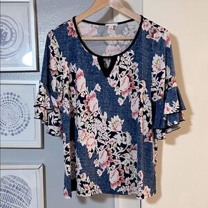 Emi & Joe Women’s Navy Floral Blouse with Ruffle Sleeve Size XL